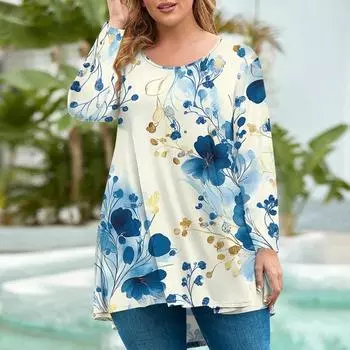 Женская мода большого размера с круглым вырезом и длинным рукавом, повседневный свободный пуловер с принтом, топ, футболки женские S красный