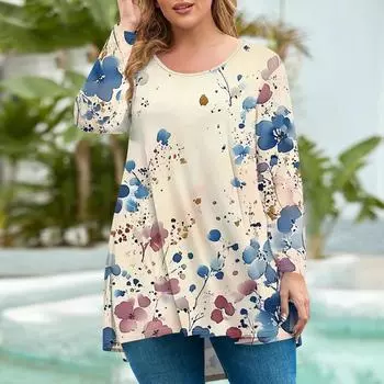 Женская мода большого размера с круглым вырезом и длинным рукавом, повседневный свободный пуловер с принтом, топ, футболки женские S синий