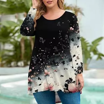 Женская мода большого размера с круглым вырезом и длинным рукавом, повседневный свободный пуловер с принтом, топ, футболки женские S темно-синий