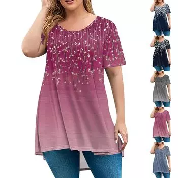 Женская мода большого размера с круглым вырезом и коротким рукавом, повседневный свободный пуловер с принтом L