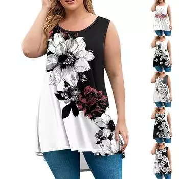 Женская мода большого размера с круглым вырезом без рукавов повседневный свободный пуловер с принтом XXXL