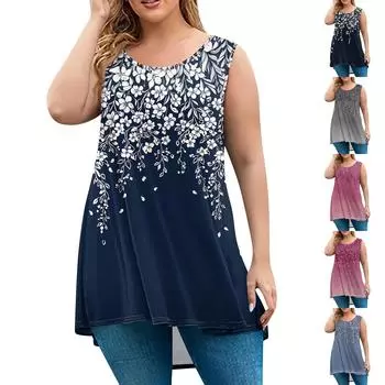 Женская мода большого размера с круглым вырезом без рукавов повседневный свободный пуловер с принтом XXXXXL