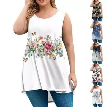 Женская мода большого размера с круглым вырезом без рукавов повседневный свободный пуловер с принтом XXXL тёмно-синий