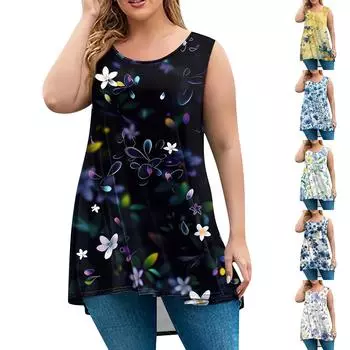 Женская мода большого размера с круглым вырезом без рукавов повседневный свободный пуловер с принтом XXXL зелёный