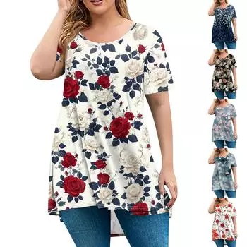 Женская мода большого размера с круглым вырезом и коротким рукавом, повседневный свободный пуловер с принтом XXXXXL розовый