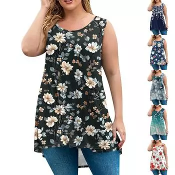 Женская мода большого размера с круглым вырезом без рукавов повседневный свободный пуловер с принтом XXXXXL чёрный