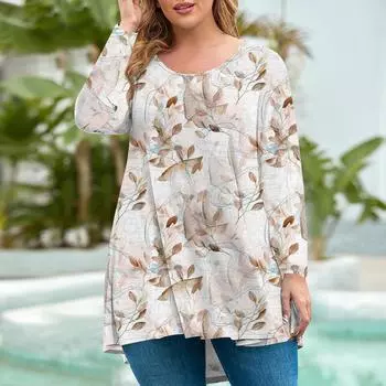 Женская мода большого размера с круглым вырезом и длинным рукавом, повседневный свободный пуловер с принтом XXXL бежевый