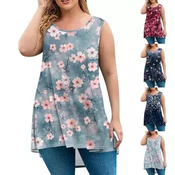 Женская мода большого размера с круглым вырезом без рукавов повседневный свободный пуловер с принтом XL