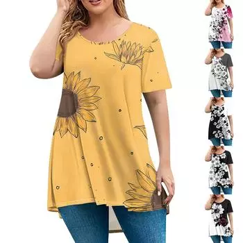 Женская мода большого размера с круглым вырезом и коротким рукавом, повседневный свободный пуловер с принтом XL розовый