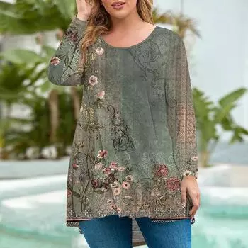 Женская мода большого размера с круглым вырезом и длинным рукавом, повседневный свободный пуловер с принтом, топ, футболки женские S синий