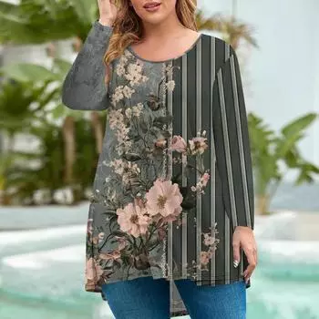 Женская мода большого размера с круглым вырезом и длинным рукавом, повседневный свободный пуловер с принтом, топ, футболки женские S чёрный