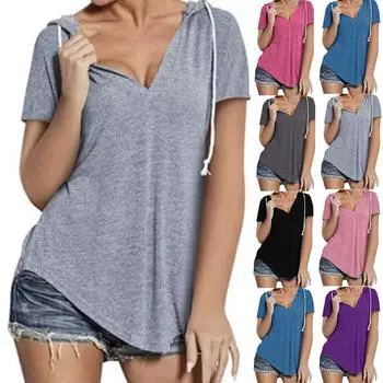Женская мода большого размера с v-образным вырезом, спортивная свободная однотонная футболка с капюшоном и короткими рукавами L чёрный