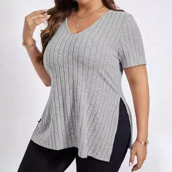Женская Мода Большой Однотонный V-образный вырез Короткий рукав Разрез на голове Футболка Топ XXL