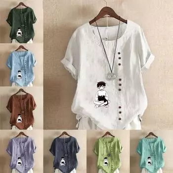 Женская мода Boys and Black Cats Printed Round Neck Short Sleeve Football Casual Cotton Linen Graphic Shirt Leisure Loose Summer Bloose Tops S розовый