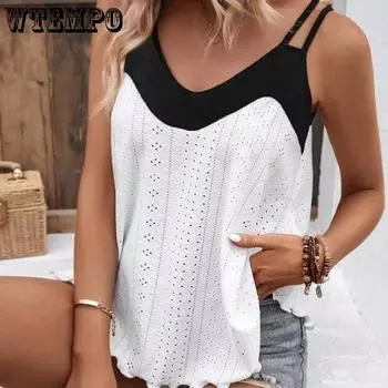 Женская мода бретелька с люверсами и вышивкой без рукавов Свободная летняя повседневная футболка больших размеров XXXL