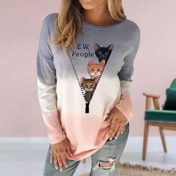 Женская мода Cat Свободные топы с длинными рукавами Блузка Градиентная толстовка XXXXXL