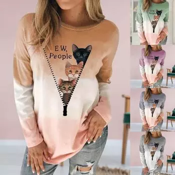 Женская мода Cat Свободные топы с длинными рукавами Блузка Градиентная толстовка L хаки