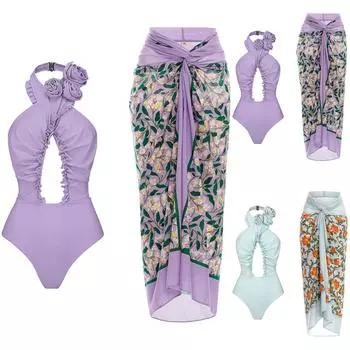 Женская мода цельный бикини сплошной цвет летающий край крест полый купальник комплект из двух предметов L светло-фиолетовый