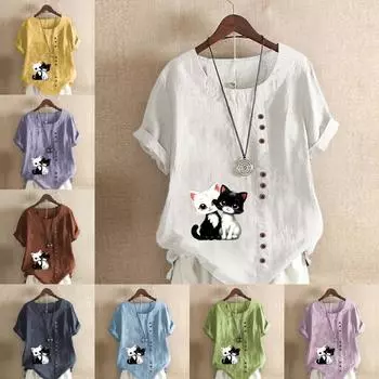 Женская мода Черная кошка Белая кошка Принтованная футболка с коротким рукавом Свободная хлопковая рубашка Повседневная свободная летняя блузка Топы размера плюс S розовый