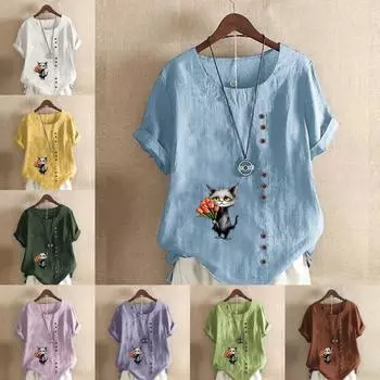 Женская мода Черная кошка держит цветы футболка с коротким рукавом с принтом свободная хлопковая рубашка повседневная свободная летняя блузка топы больших размеров S розовый