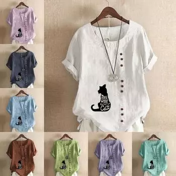 Женская мода Черная кошка держит цветы футболка с коротким рукавом с принтом свободная хлопковая рубашка повседневная свободная летняя блузка топы больших размеров S розовый