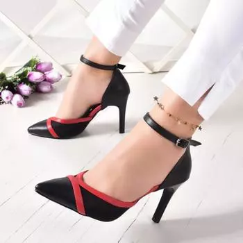 Женская мода Черная красная сетчатая обувь на шпильке Классическая обувь на каблуке