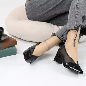 Женская мода Черная лакированная кожаная сетка Дизайн Классическая обувь 5 см Классические туфли на каблуке