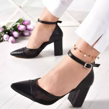 Женская мода Черная сетчатая обувь на толстом каблуке Классическая обувь на каблуке