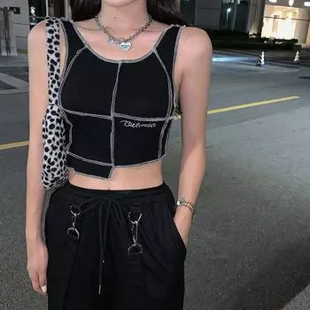 Женская мода черно-белые топы без рукавов футболки для девочек Y2K топы для отдыха женский повседневный жилет M чёрный