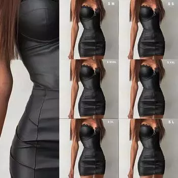 Женская мода Черное латексное платье без рукавов из искусственной кожи с кружевом на молнии Bodycon Мини-платье Пакет Бедро с v-образным вырезом Платье на груди с запахом Халат Платье на бретелях Плюс Размер L