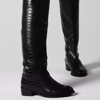 Женская мода черного цвета с крокодиловым принтом без молнии, женские сапоги на тонкой подкладке из искусственного меха