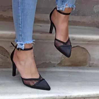 Женская мода Черные атласные туфли на каблуке
