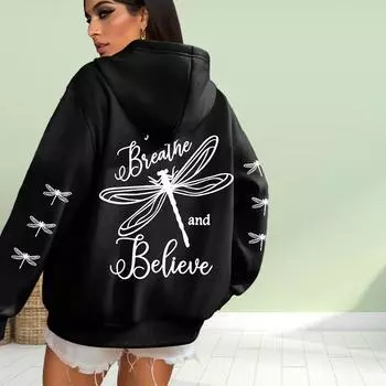 Женская мода черный бабочка принт свободные толстовки топы блузка свитшот повседневный длинный рукав пуловер топы XS чёрный