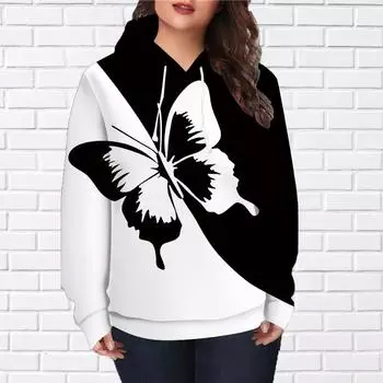 Женская мода, черный, крутой, с принтом бабочек, свободные топы с капюшоном, блузка, свитшот, повседневный свитер с длинным рукавом XS чёрный