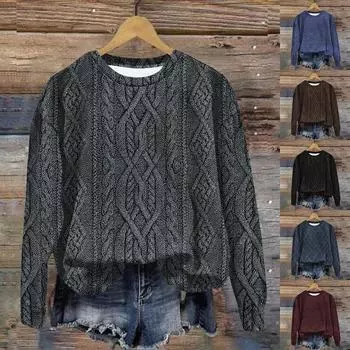 Женская мода ChristmasPrinted с длинным рукавом свободный круглый вырез толстовка Топ S винный