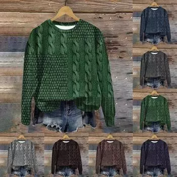 Женская мода ChristmasPrinted с длинным рукавом свободный круглый вырез толстовка Топ L кофейный