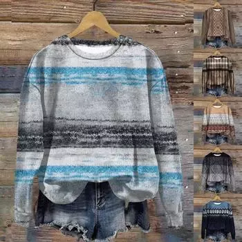 Женская мода ChristmasPrinted с длинным рукавом свободный круглый вырез толстовка Топ M тёмно-синий