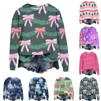 Женская мода ChristmasPrinted с длинным рукавом свободный круглый вырез толстовка Топ XXXL