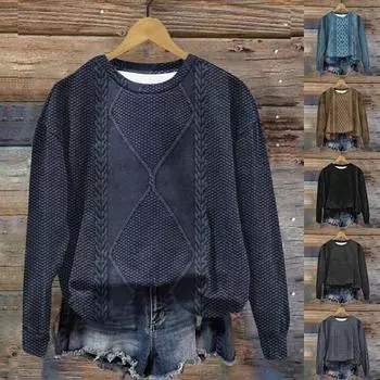 Женская мода ChristmasPrinted с длинным рукавом свободный круглый вырез толстовка Топ XXL чёрный