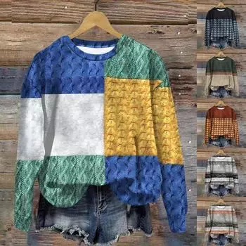 Женская мода ChristmasPrinted с длинным рукавом свободный круглый вырез толстовка Топ L