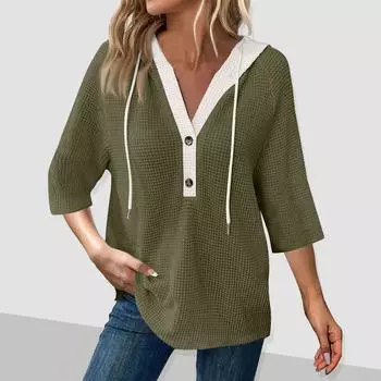 Женская мода цвет блок рукава капюшон пуговицы V-образный вырез повседневный капюшон толстовка топ L армия зеленый