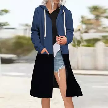 Женская мода цвет блокинг свободная куртка на молнии кардиган утепленная толстовка L синий