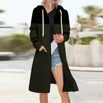 Женская мода цвет блокинг свободная куртка на молнии кардиган утепленная толстовка L армия зеленый