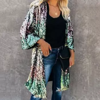 Женская мода, цветной блестящий кардиган средней длины с пайетками, сексуальный V-образный вырез, расклешенные рукава, блестящее пальто, стильная куртка в уличном стиле S