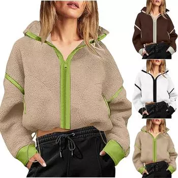 Женская мода цветные блоки пушистые укороченные куртки с длинным рукавом повседневное пальто полная молния лацкан верхняя одежда с карманом L чёрный