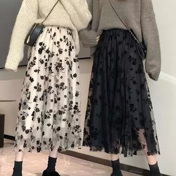 Женская мода цветочная плиссированная юбка весна-лето дамы элегантная сетчатая праздничная юбка вечернее платье One Size чёрный