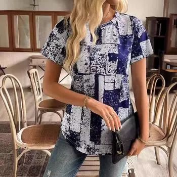 Женская мода Цветочная тема Печатная футболка Летние женские свободные повседневные футболки с круглым вырезом для женщин S