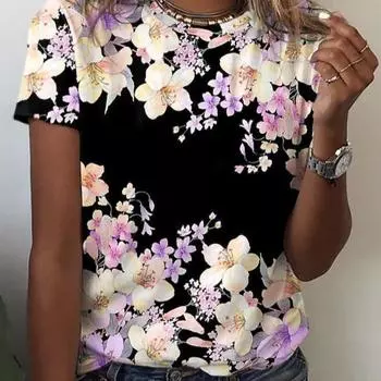 Женская мода Цветочная тема Печатная футболка Летние женские свободные повседневные футболки с круглым вырезом для женщин S