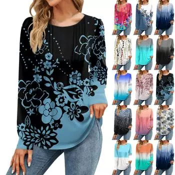 Женская мода Цветочные, цветные лоскутные платья Осенние повседневные топы Рубашка с длинным рукавом Свободный пуловер S