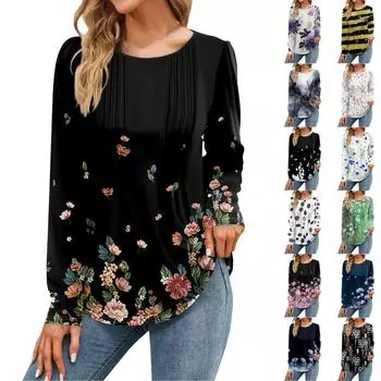 Женская мода Цветочные, полосатые платья Повседневные топы Рубашка с длинным рукавом Свободный пуловер XL зелёный